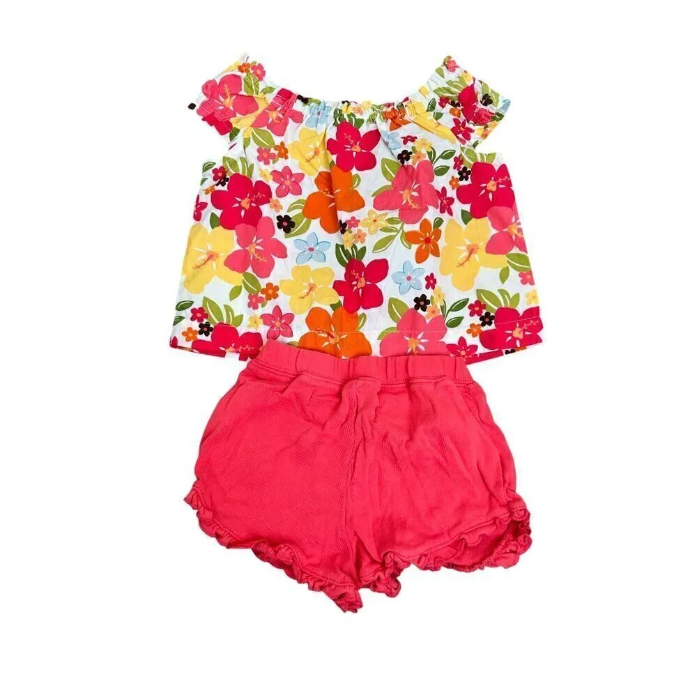 Gymboree Toddler Girls Floral Off-Shoulder Top & Pink Ruffled Shorts Set - 18-24
